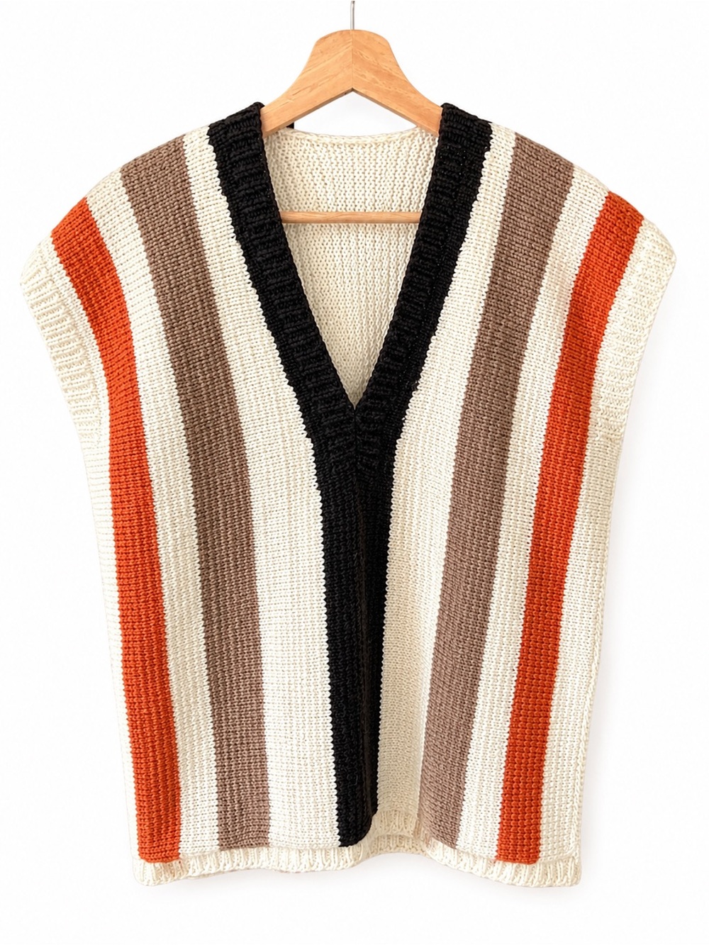 Vintage Striped V-Neck Knit Vest in Cream, Brown & Rust with Black Trim